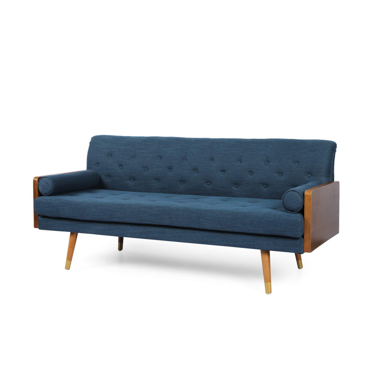 Mid-Century Modern Tufted Fabric Sofa, Navy Blue and Dark Walnut