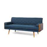 Mid-Century Modern Tufted Fabric Sofa, Navy Blue and Dark Walnut