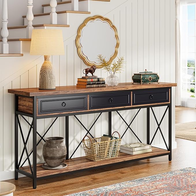 70.8" Console Table with 3 Drawers, Farmhouse Entryway Table with Storage Shelf