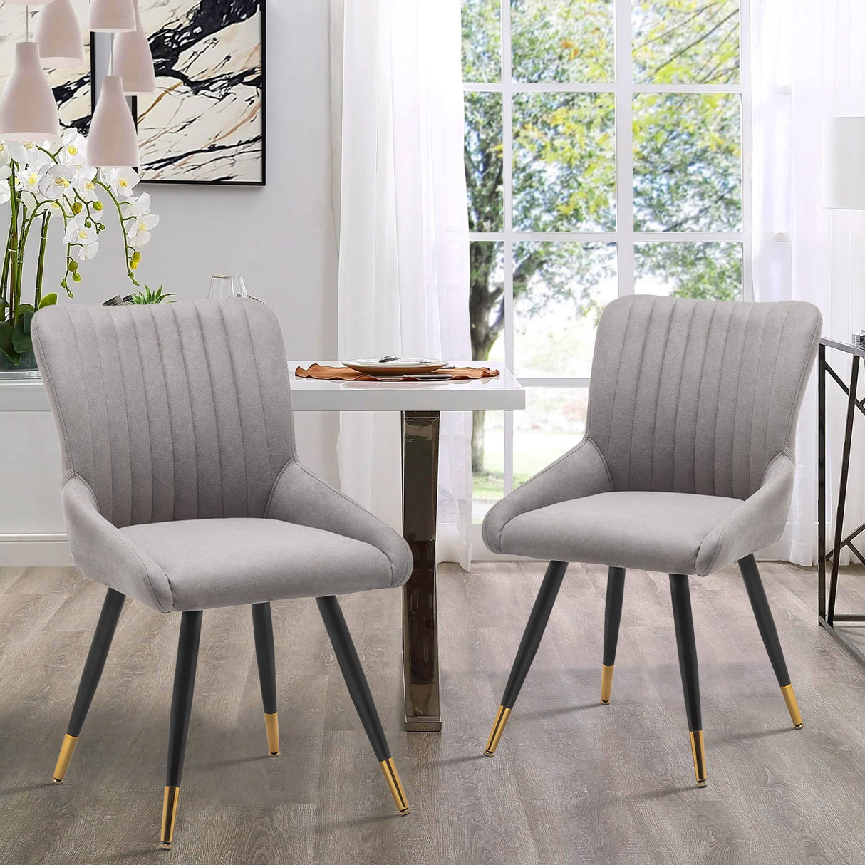 Upholstered Grey Dining Chairs Set of 2 Modern Kitchen Chairs, Mid Century Accent Chair