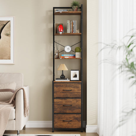 Corner Bookshelf with 3 Fabric Drawers, 68" Tall Narrow Bookcase, Corner Stand for Livingroom, Bedroom, Rustic Brown