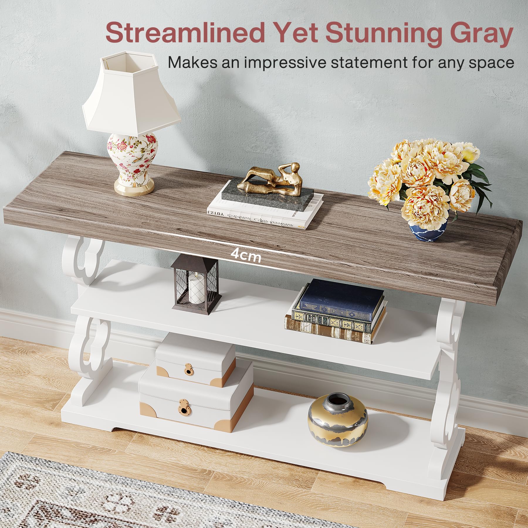 Farmhouse Console Table, 55 inch Long Sofa Table with Storage Shelves, 3 Tier Wood Accent Entry Table for Hallway,