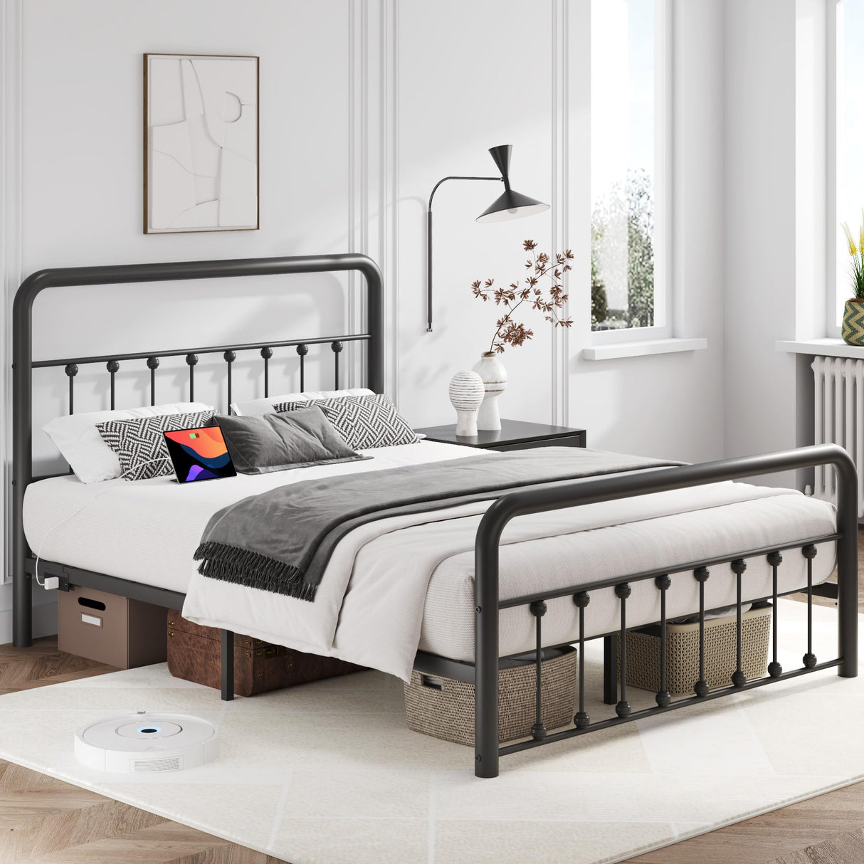 Metal Platform Bed Frame with Charging Station & LED, Victorian Style Iron-Art