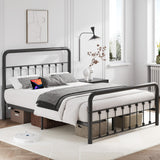 Metal Platform Bed Frame with Charging Station & LED, Victorian Style Iron-Art