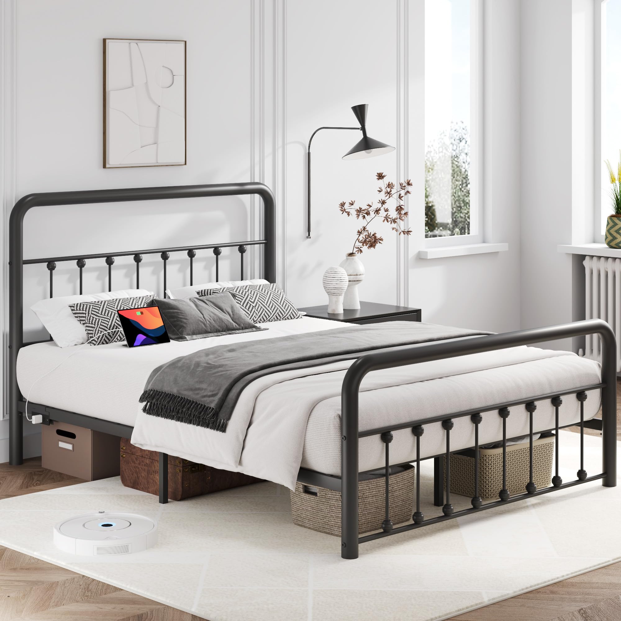 Metal Platform Bed Frame with Charging Station & LED, Victorian Style Iron-Art