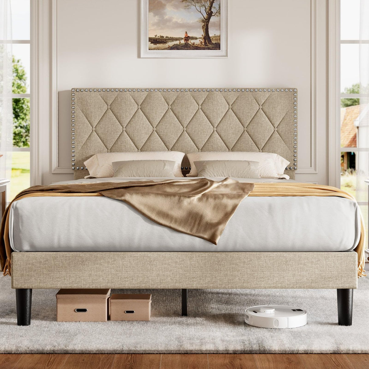 ONBRILL Full Size Platform Bed Frame with Upholstered Headboard, Bed Frame with Button Tufted Adjustable Headboard, Bed Frame with Strong Wooden Slat, No Box Spring Needed, Noiseless, Beige