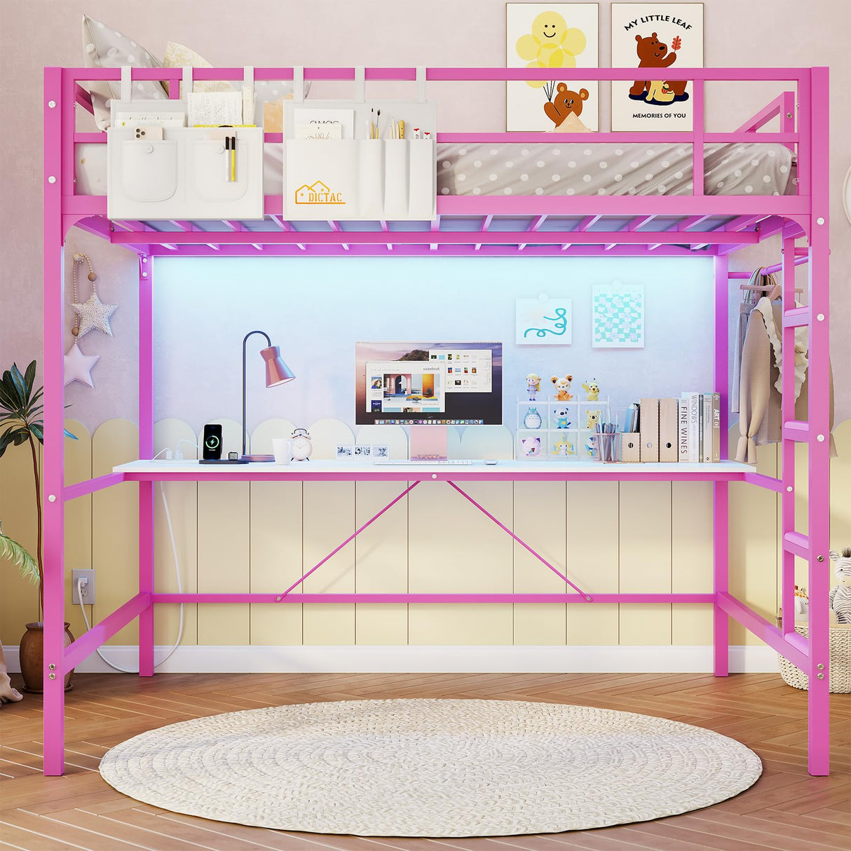 Loft Bed Full Size with Desk and Led Lights Metal Full Loft Bed with Power Outlet Full