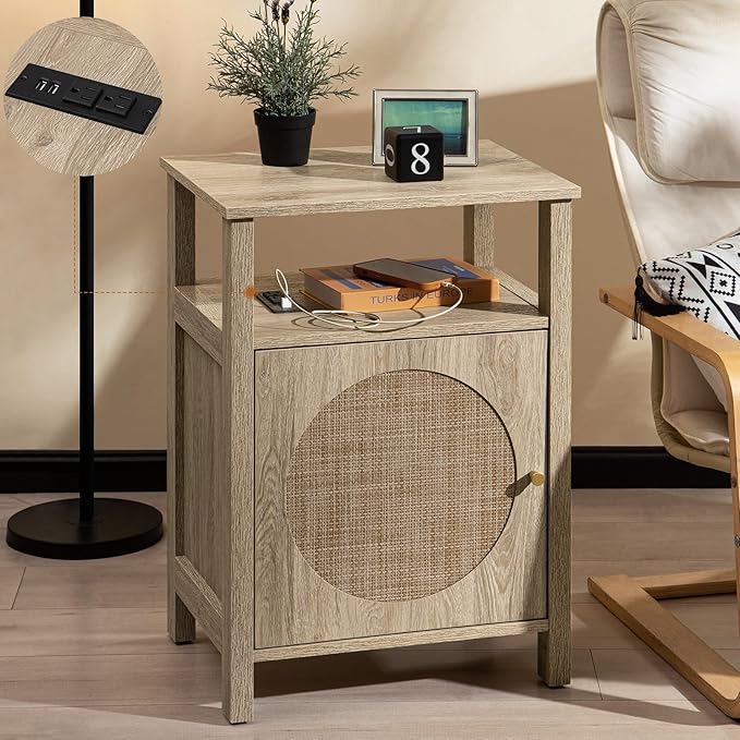 Rattan Nightstand Set of 2, Boho Tall Night Stand with Charging Station, Wooden Farmhouse Bedside End Table with Storage, 4-Tier Nightstands with Adjustable Shelf for Bedroom or Living Room