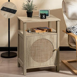 Rattan Nightstand Set of 2, Boho Tall Night Stand with Charging Station, Wooden Farmhouse Bedside End Table with Storage, 4-Tier Nightstands with Adjustable Shelf for Bedroom or Living Room