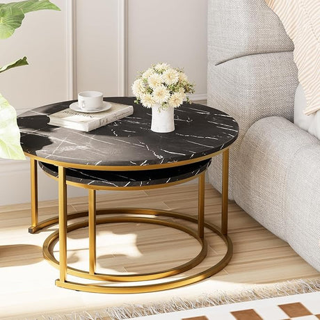 29.5" Nesting Coffee Table, Large White Faux Marble Gold Side Table Set of 2