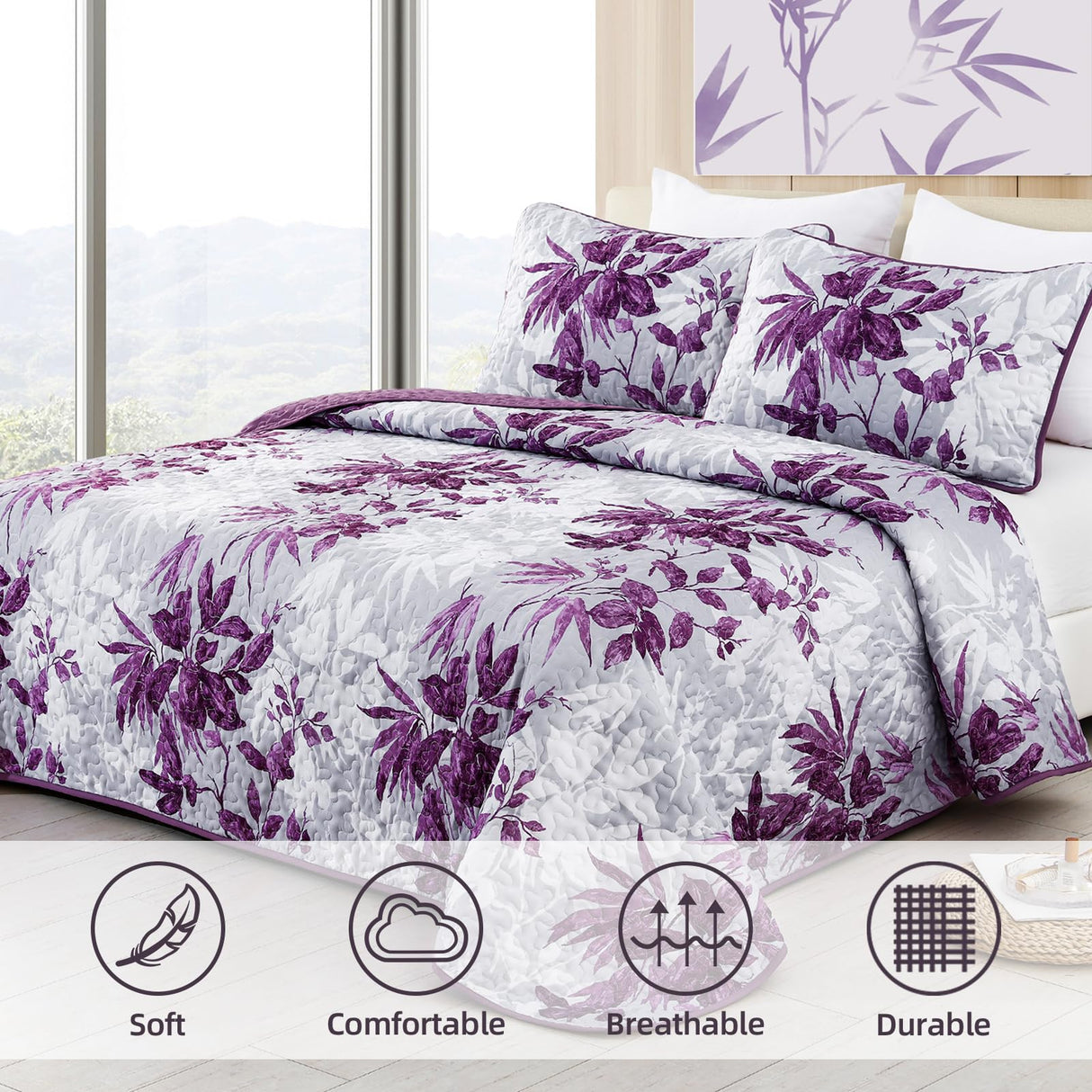 Floral Quilt Set Queen Size,3 Pieces Purple and White Summer Botanical