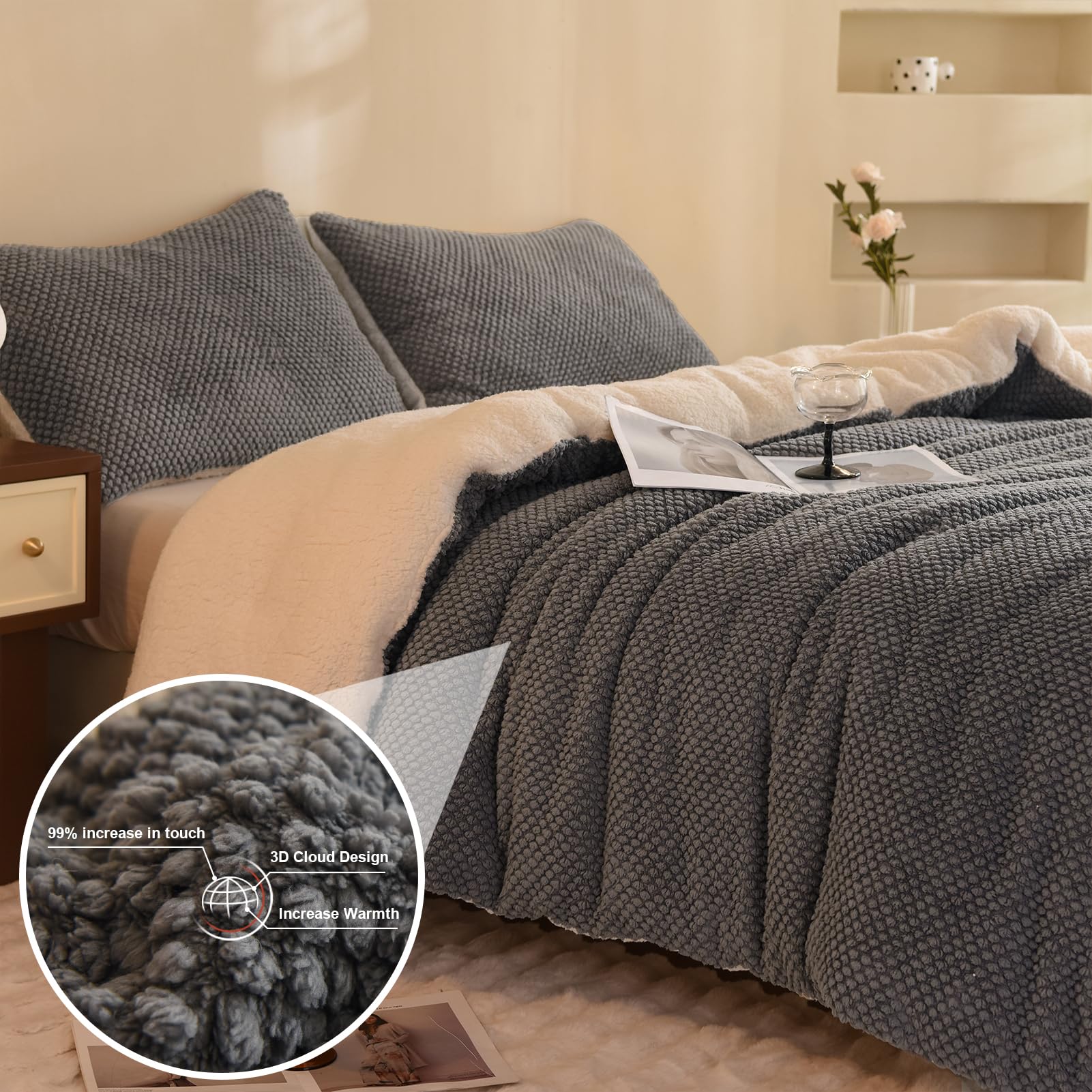 3D Jacquard Design Comforter Set, Ultra-Soft Warm Queen Size Sherpa Fur Plush 3-Pieces Sets