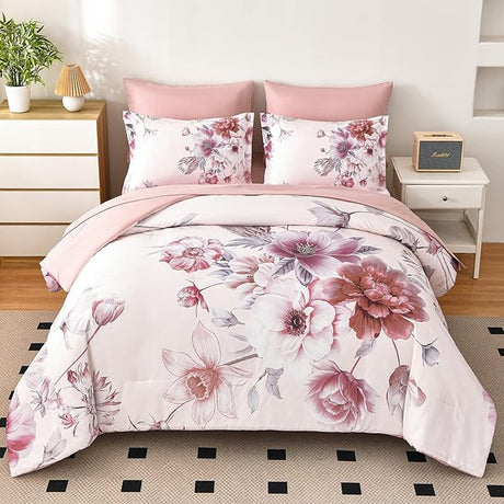 Floral Comforters Queen Size 7 Pieces Botanical Pink Bed in a Bag Ulter Soft Microfiber Bedding Set, Lightweight Bed Comforter Set with Sheets for All Season (Pink, Queen)