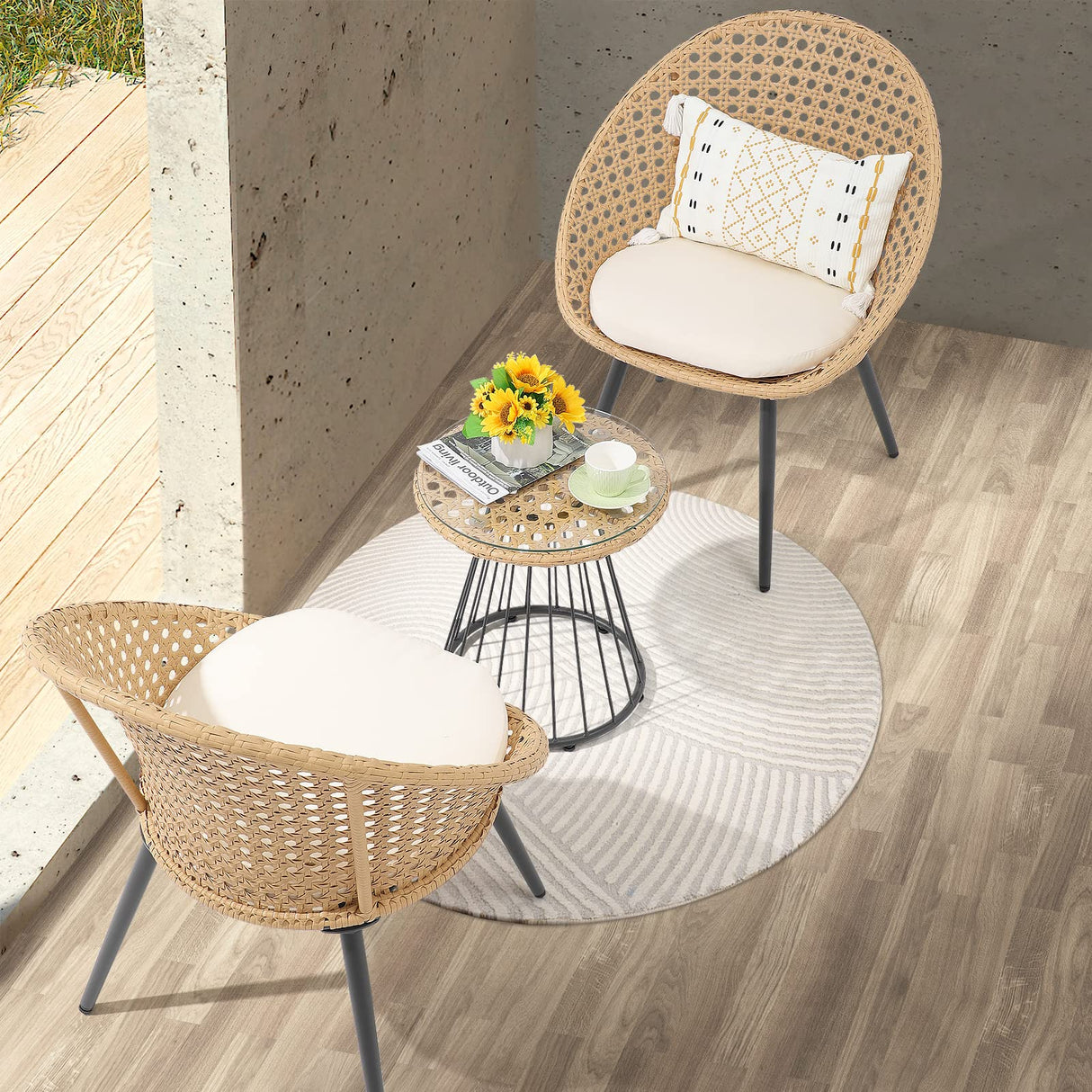 3 Piece Outdoor Bistro Set, Patio Wicker Chairs Set with Coffee Table