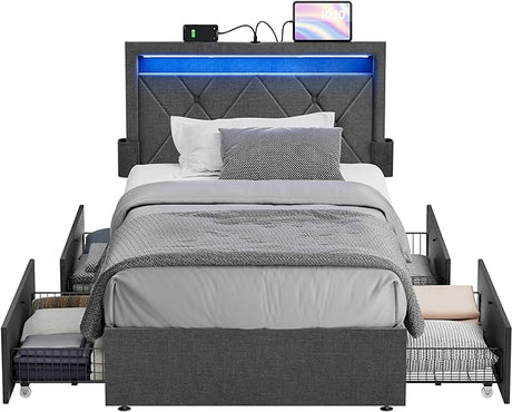 LED Bed Frame Queen Size with Headboard and 4 Drawers, 1 USB Port and 1 Type C Port,