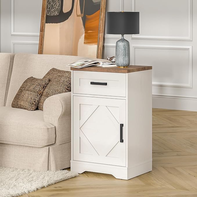 End Table with 1 Drawer & Barn Door, Farmhouse Large Sofa Side Table