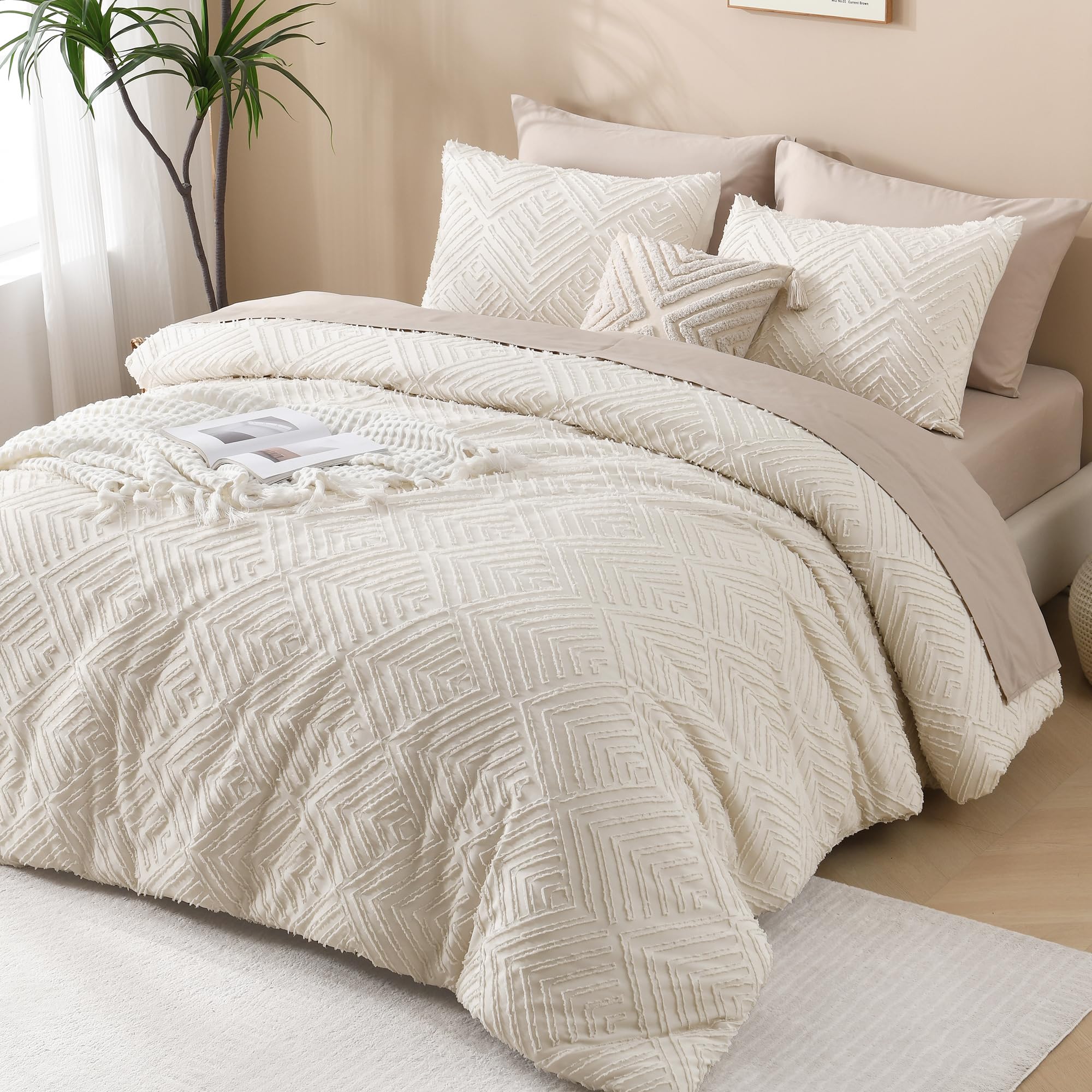 King Size Comforter Set Beige, 3 Pieces Boho King Bedding Comforter Set Cream, All Season Soft Lightweight Tufted Textured Down