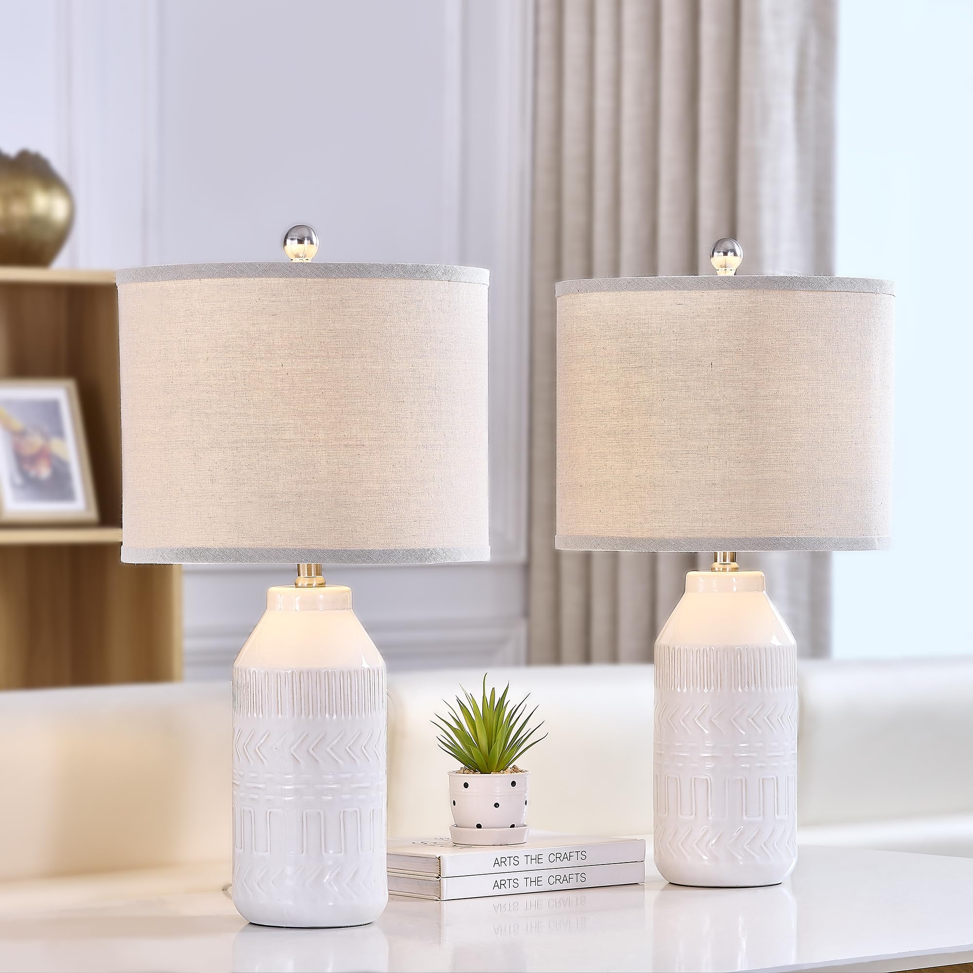 24" Set of 2 White Table Lamp for Living Room, 3 Way Dimmable Ceramic Bedside Lamp