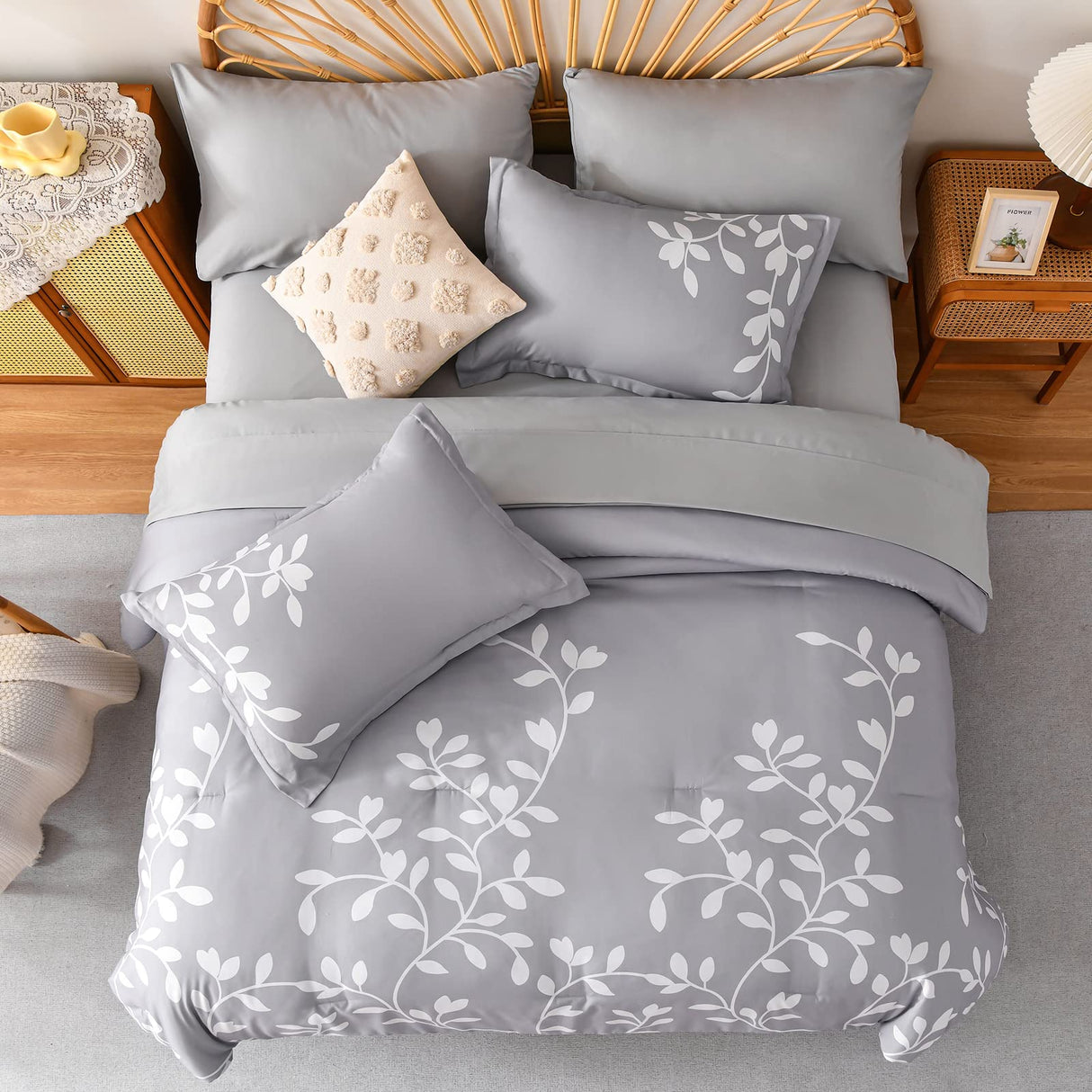 King Size Comforter Set - 7 Pieces White Floral Botanical Printed on Grey King Comforter