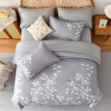 King Size Comforter Set - 7 Pieces White Floral Botanical Printed on Grey King Comforter