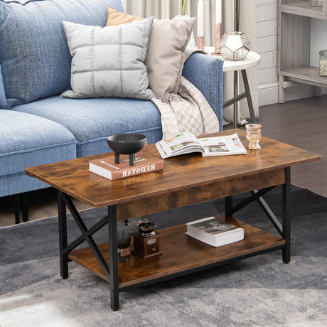 Industrial Coffee Table, 2-Tier Wood Cocktail Tea Table with Storage Shelf