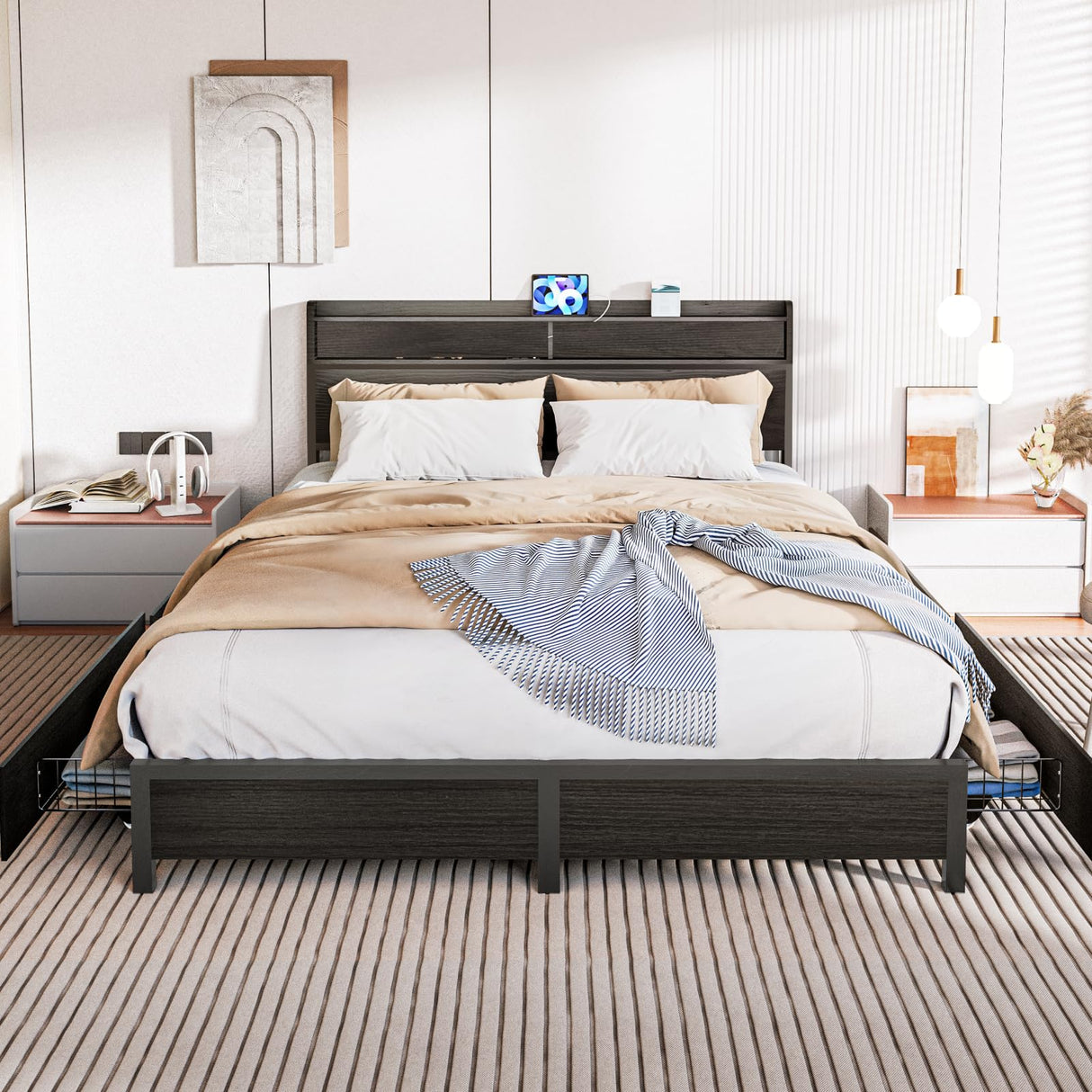 Queen Bed Frame with Storage Headboard and 4 Drawers, Metal Platform Bed Frame