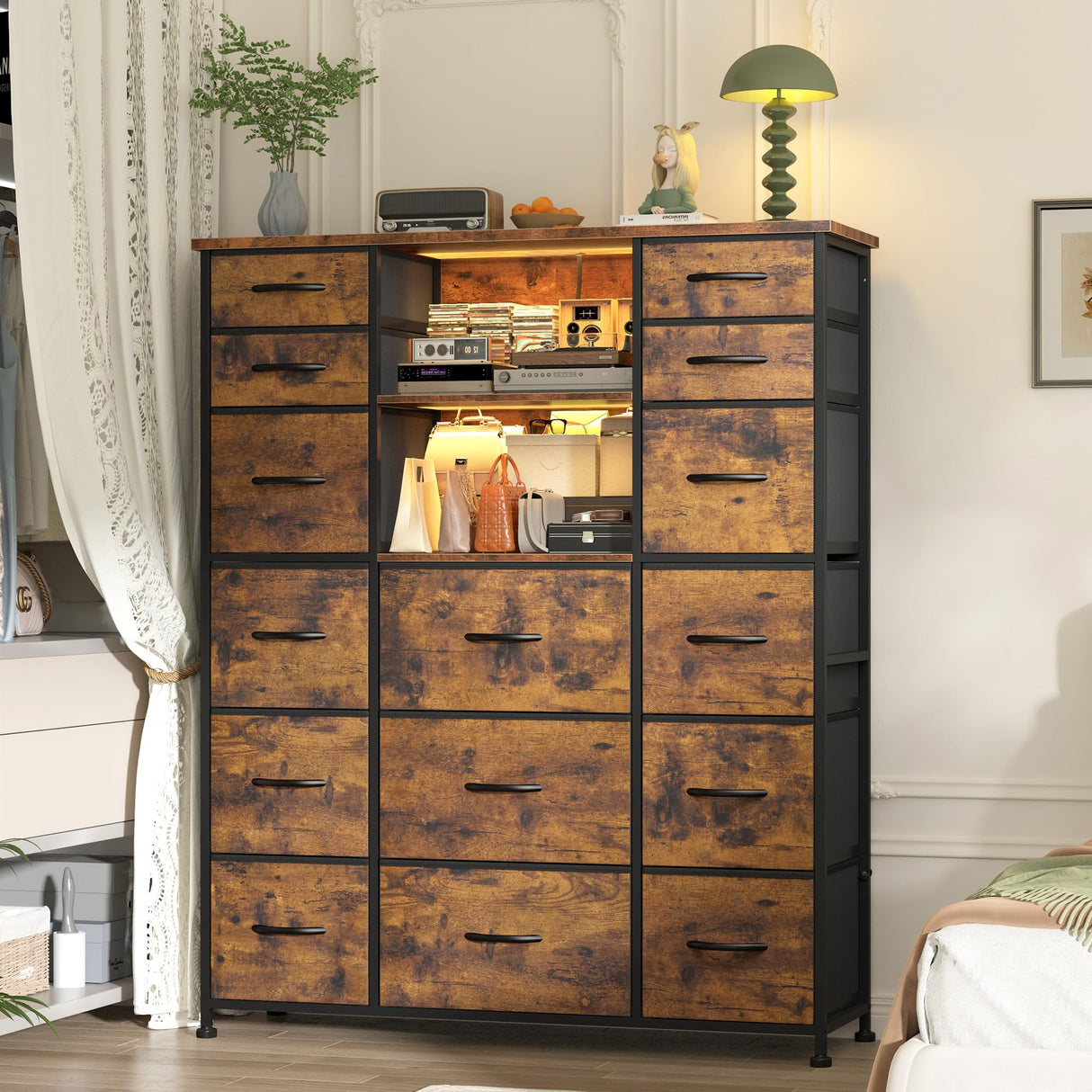 15 Drawer Dresser for Bedroom with Hutch 51" H Tall Dressers with Charging Station & LED