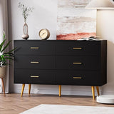 Dresser for Bedroom with 6 Drawers, Wooden Black Dresser with Golden Handles, Modern Chests of Drawer Storage Organizer for Hallway, Entryway