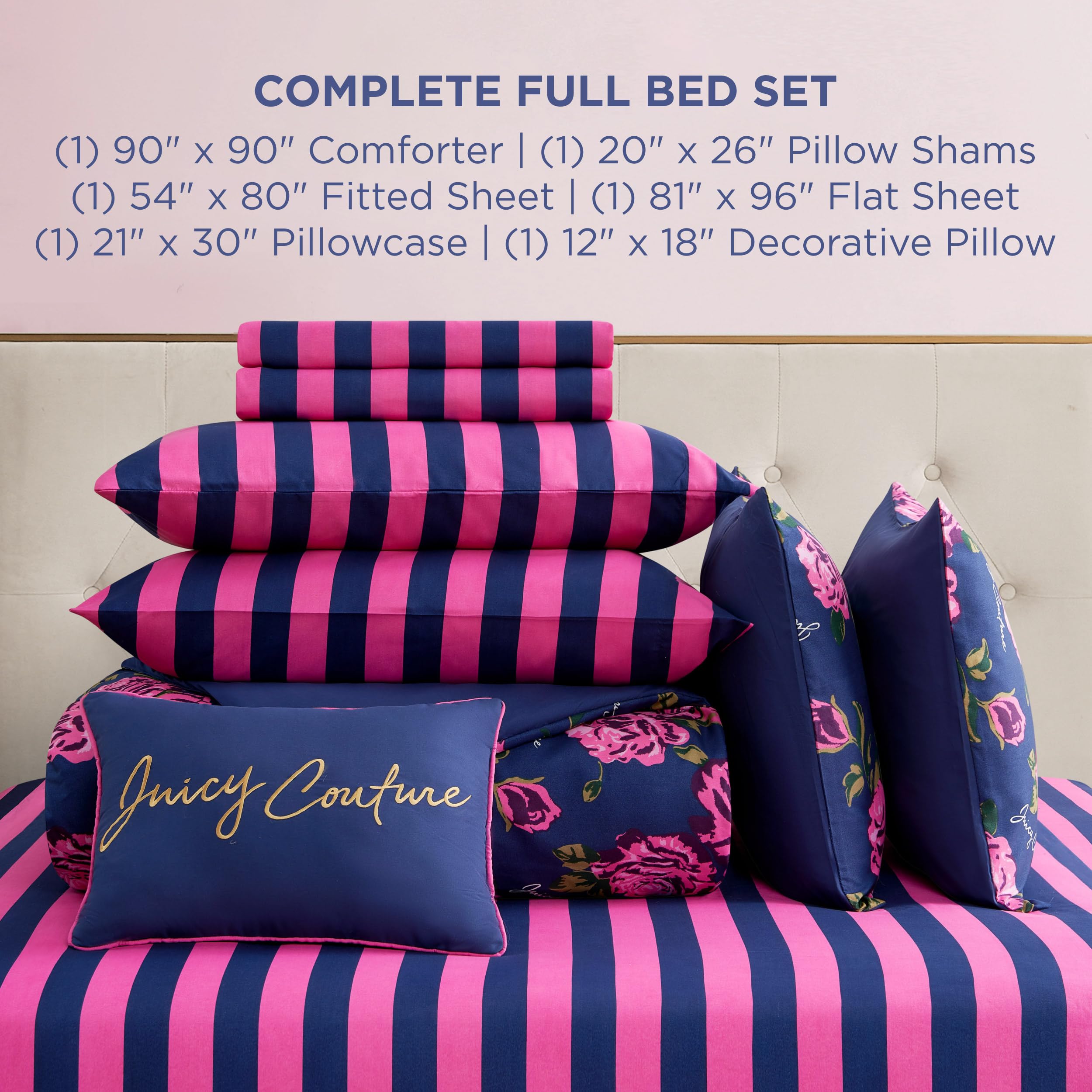 8-Piece Full Comforter Set - Navy & Pink Rose Logo