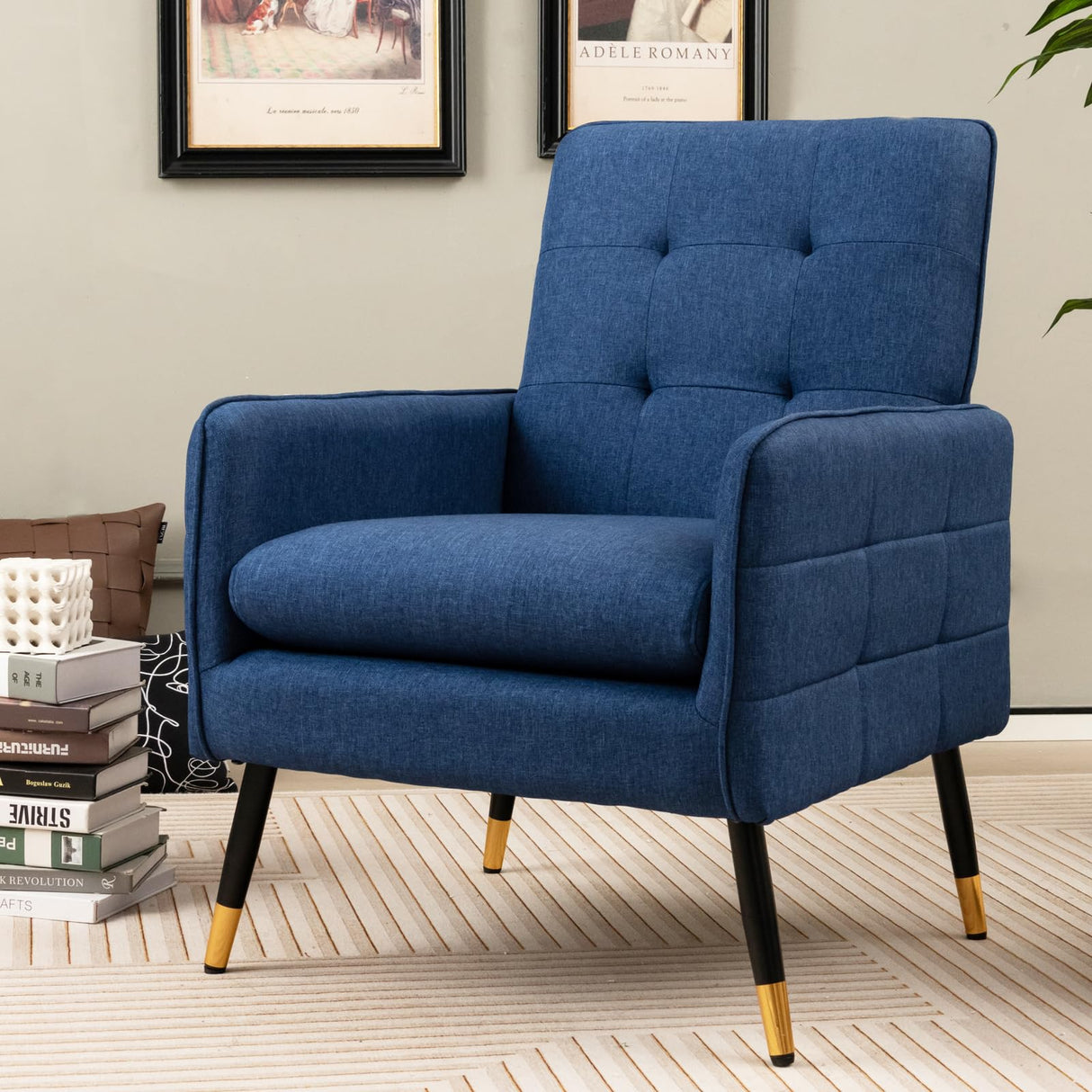 Modern Mid-Century Accent Chair - Upholstered Armchair with Tufted Back, Metal Legs