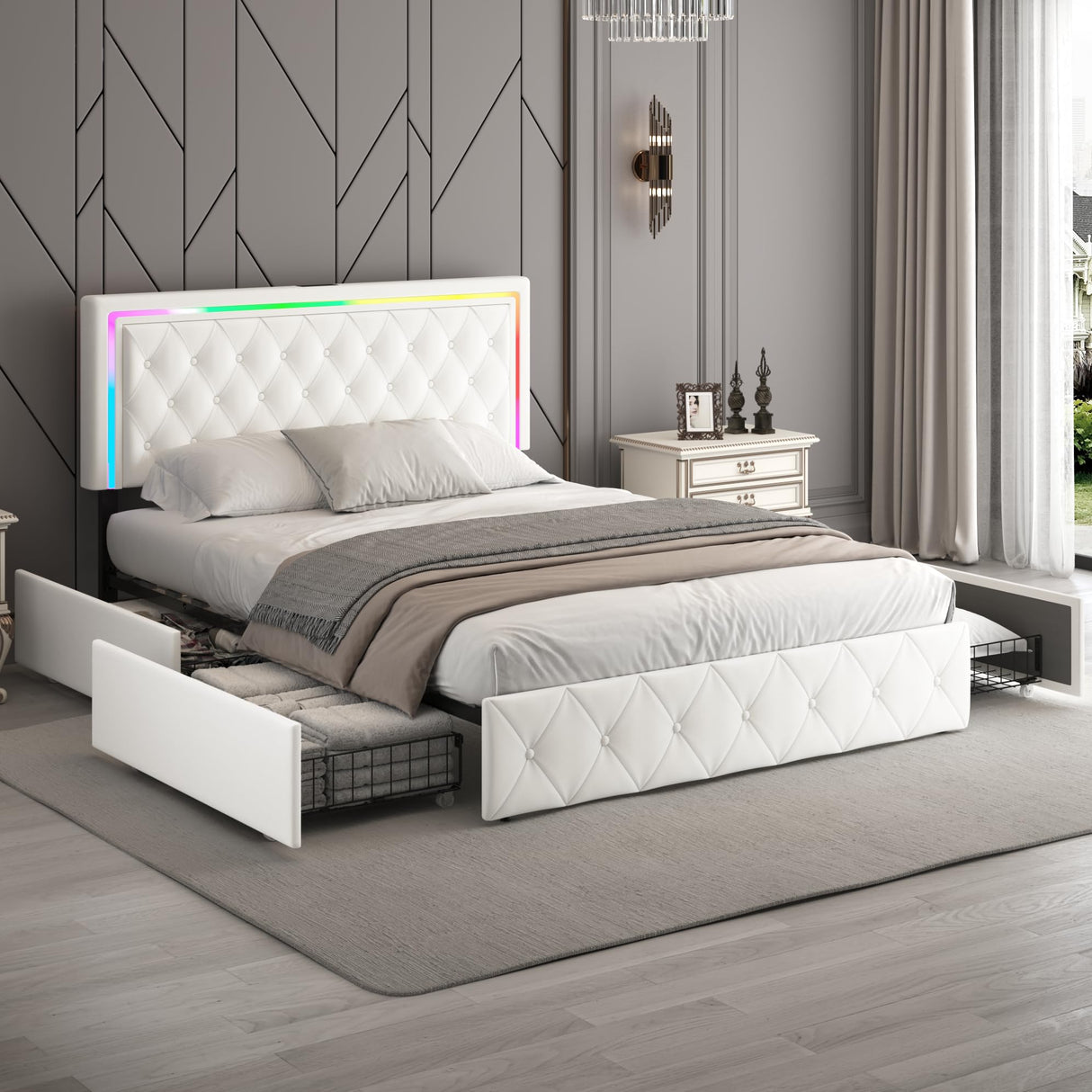 Full Size Bed Frame with Storage - Bed Frame Full with 4 Drawers on Wheel Fast Charging