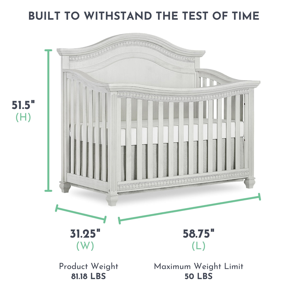 5-In-1 Curved Top Convertible Crib In Antique Grey Mist, Features 3 Mattress Height