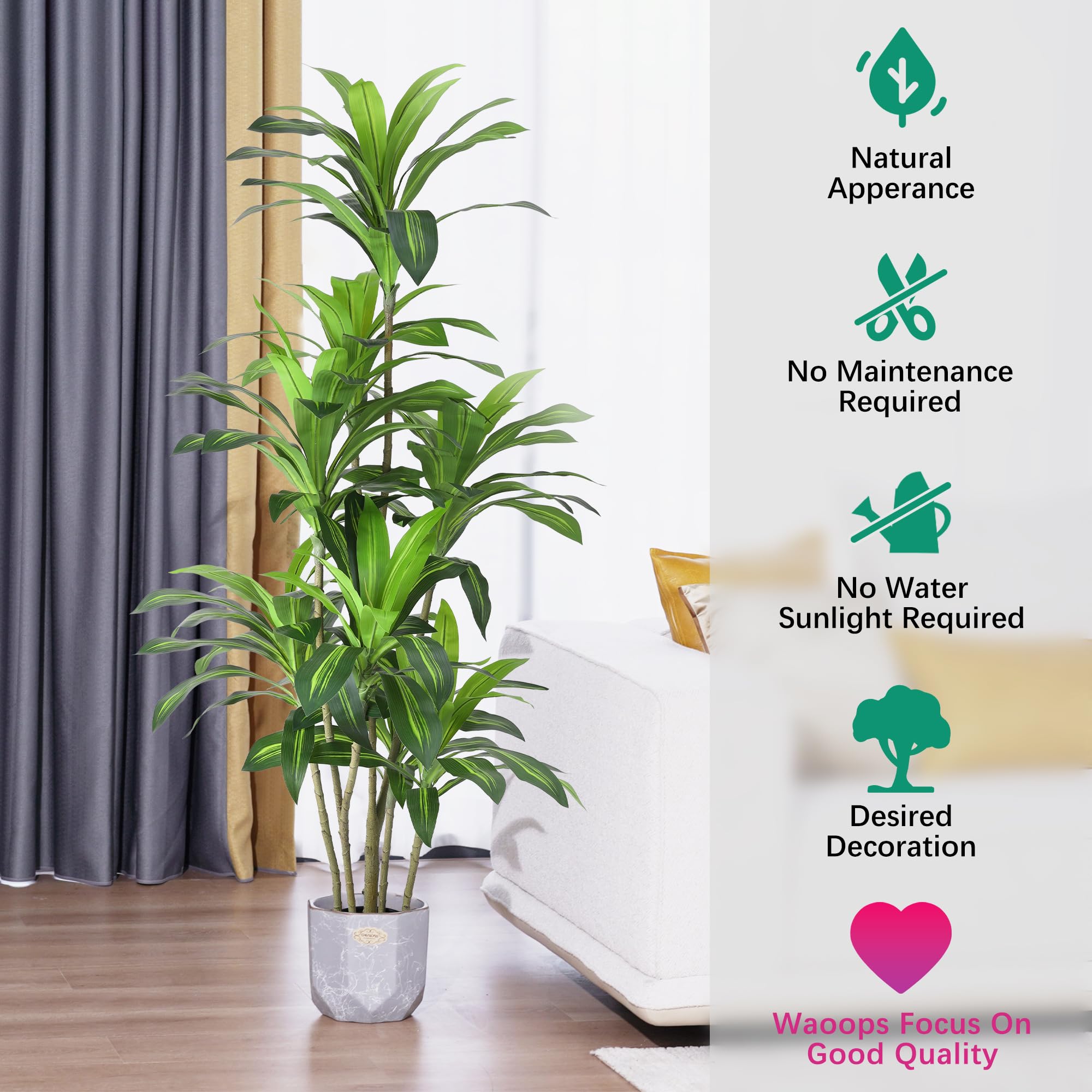 Waoops Artificial Plants 6Ft Dracaena Fragrans Faux Trees with 8 Heads Fake Tree for Home Decor Indoor or Outdoor Office Decoration Housewarming Gift