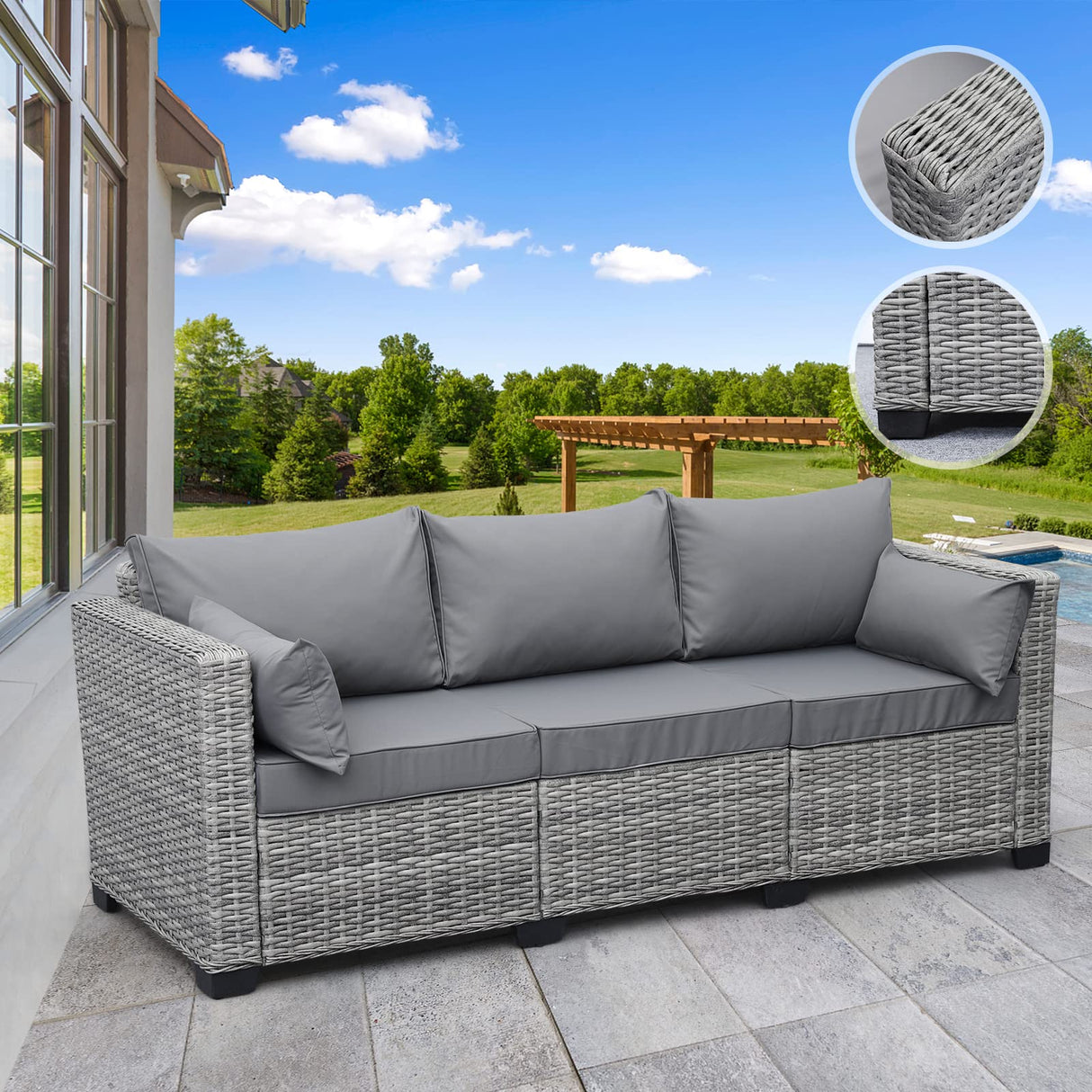 Outdoor Furniture Outdoor Couch Grey Wicker Patio Furniture 3-seat Sofa Deep Seat