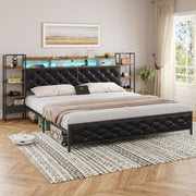 Bed Frame King Size with Bookcase Storage Headboard and Charging Station King