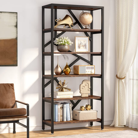 71 Inch Industrial Bookshelf, 6 Shelf Etagere Bookcase, Free Standing Open Book Shelves