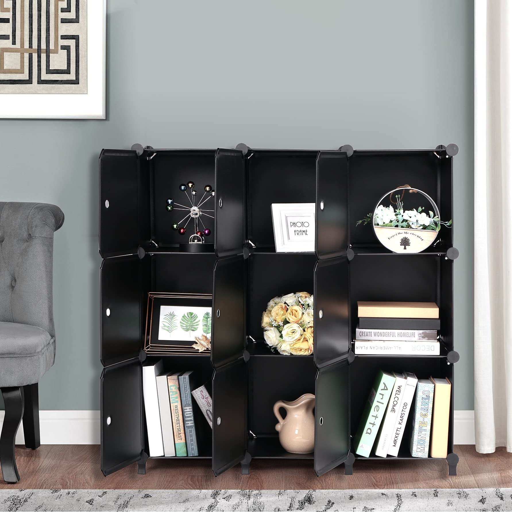 Cube Storage Organizer with Doors 9-Cube Modular DIY Book Shelf with Doors, Cube Storage Shelf, Plastic Storage Cubbies Cabinet for Living Room Bedroom Office 36.8"x12.4"x49.8" Black ULCS09BM
