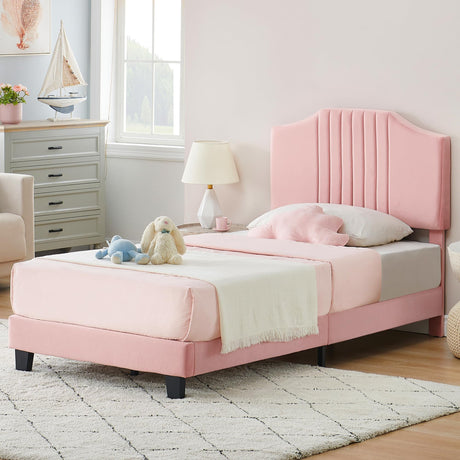 Twin Bed Frame for Girls, Velvet Upholstered Bed Frame for Girls, Princess Bed Frame Wooden Slats Suppor