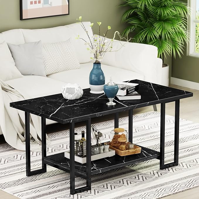 Marble Coffee Table, Faux Marble Top Rectangular Coffee Table with Gold Metal Frame