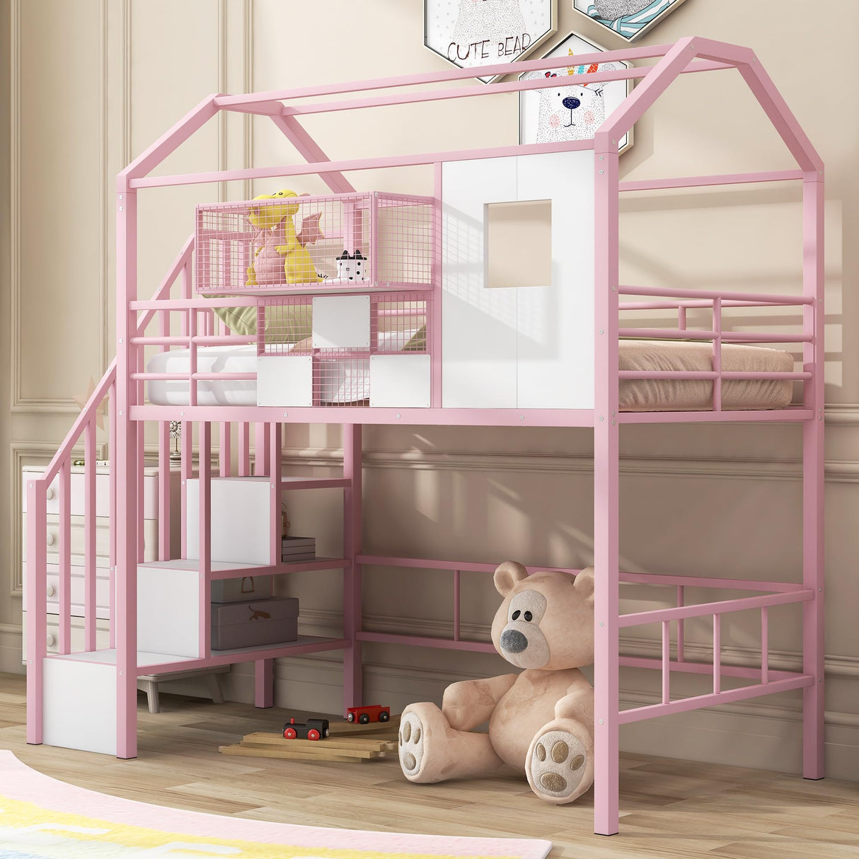 Twin Loft Bed with Stairs, Roof, Window and Full-Length Guardrail, House Loft Bed/Heavy