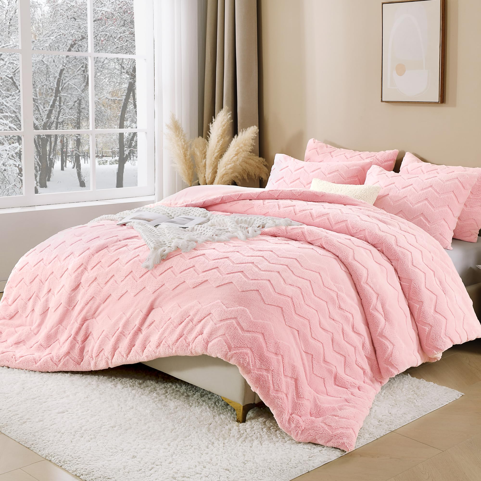 Fluffy Comforter Full Set - Soft Fuzzy Sherpa Pink Comforter for Full Size Bed