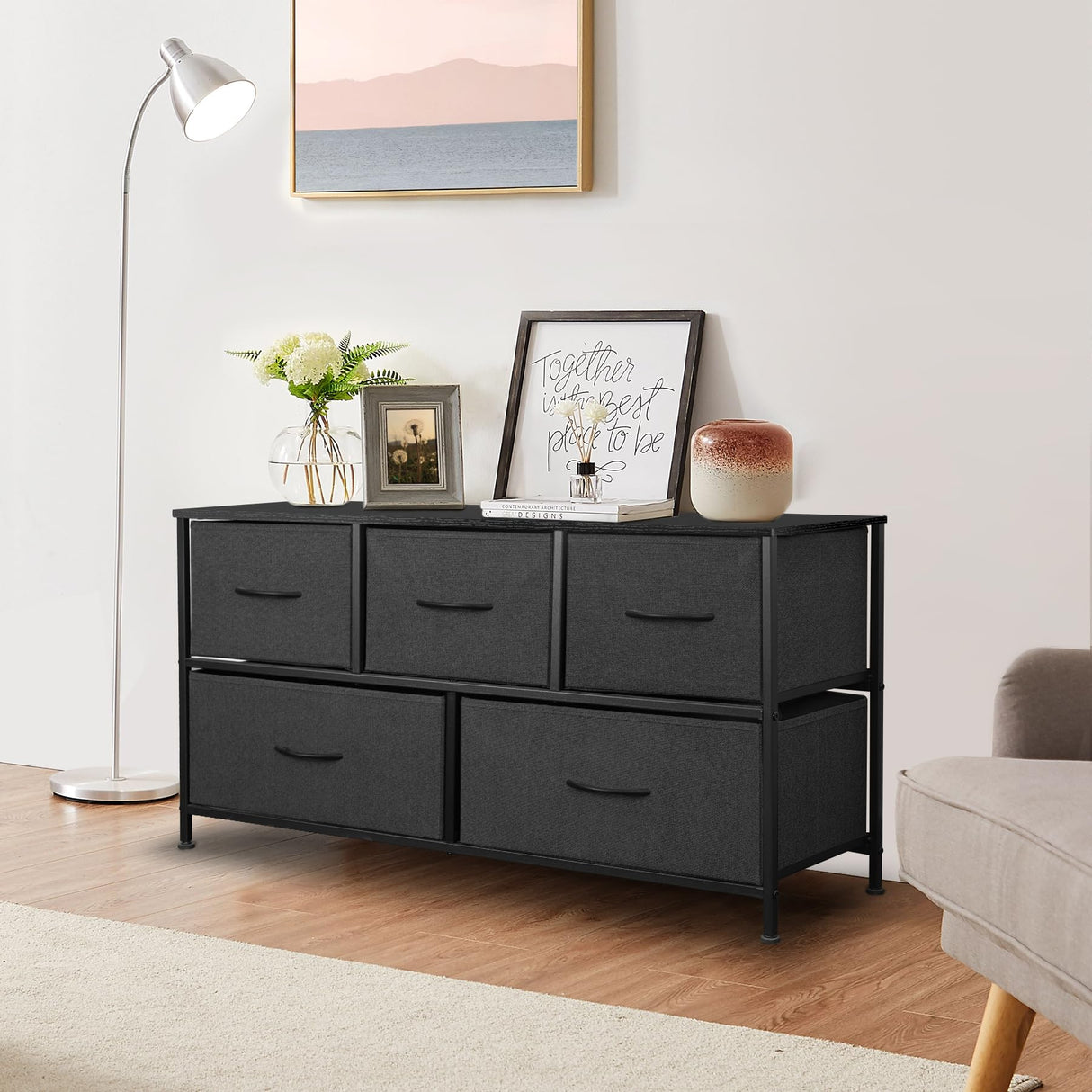 Sonharlar Dresser for Bedroom with 5 Drawers, Chest of Drawers, Storage Drawers Organizer Unit, Black Wide Fabric Dresser with Fabric Bins for Closet, Living Room, Entryway (Black and Charcoal Black)