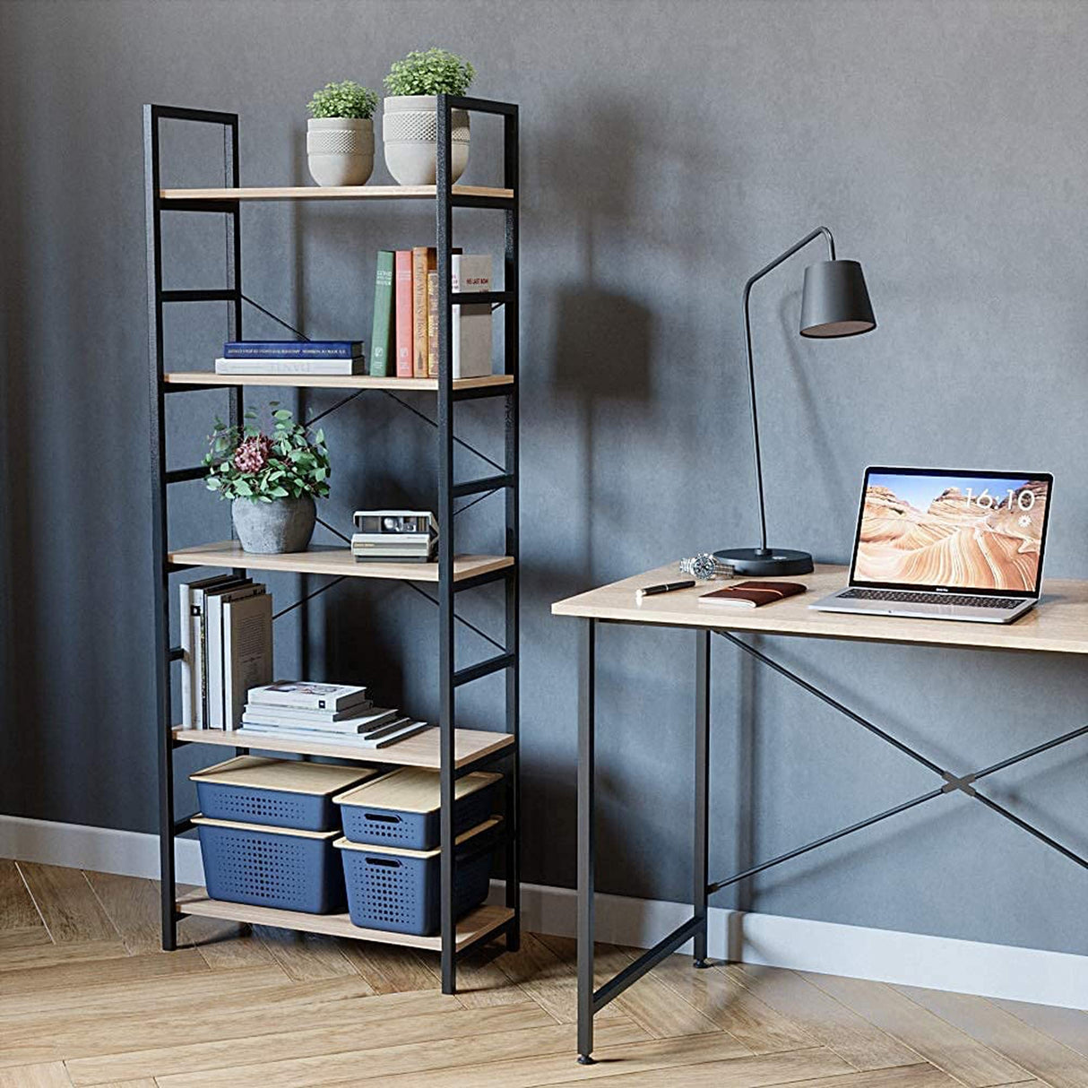 5 Tier 26 Inches Adjustable Multifunctional Standing Display Rack Storage Shelf Organizer for Home, Office, and Kitchen, Oak and Black Frame