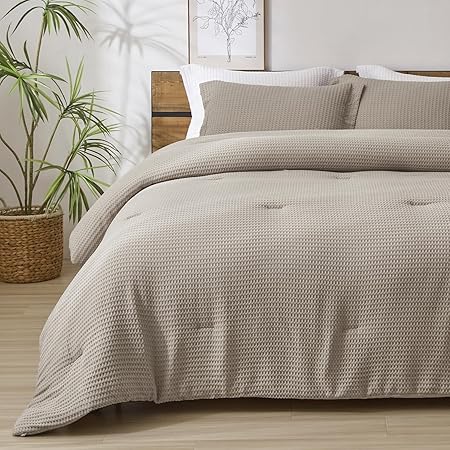 Waffle Comforter Set Queen Size, White Soft Bedding Set for All Season