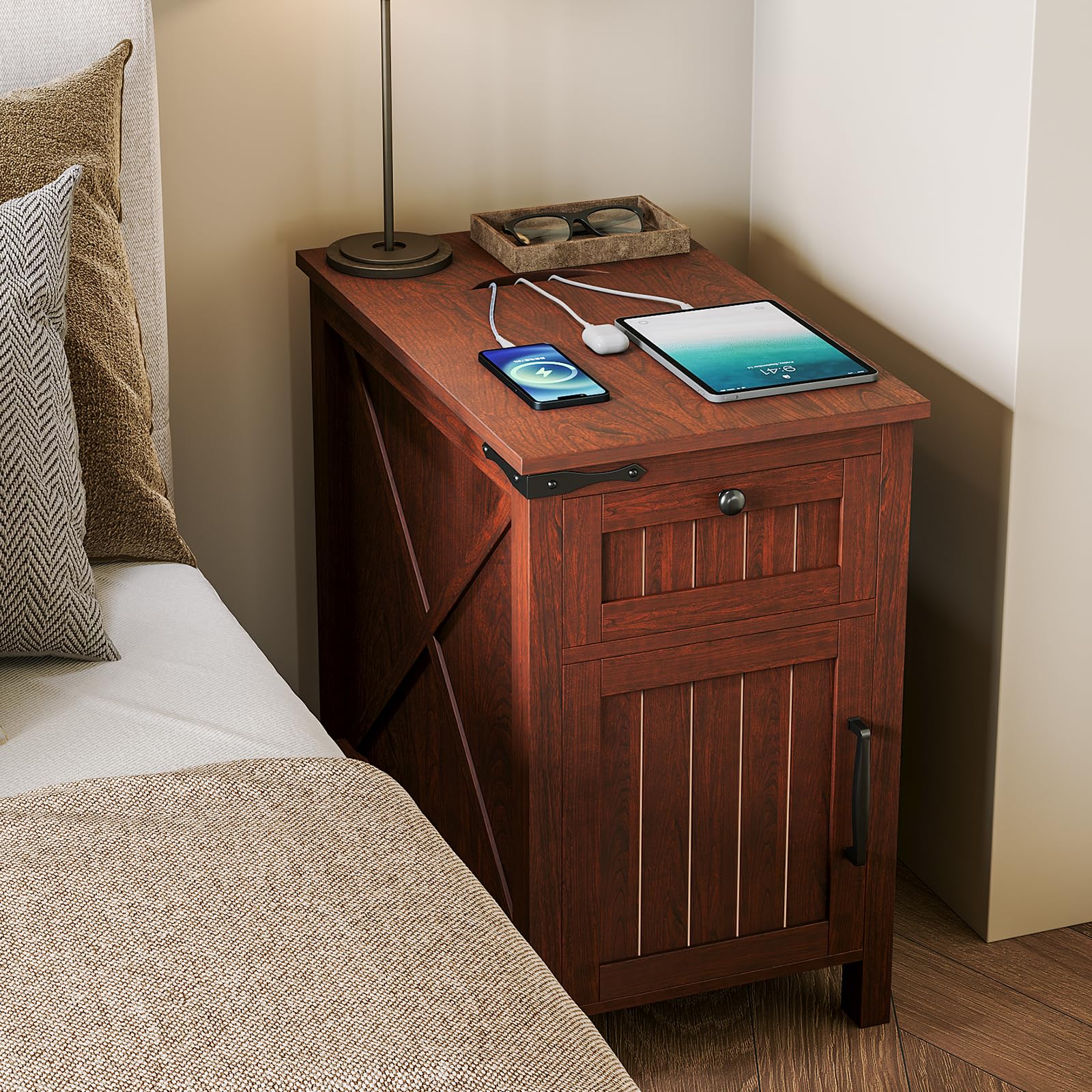 with Charging Station,Industrial/Farmhouse End Table with Drawers & Cabinet,Side Table with Door and Storage Shelf,Side Tables for Living Room,Bedroom,Office (Rustic Cherry)