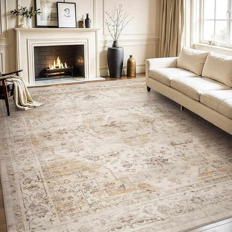 Area Rug 5X7 Rugs for Living Room-Vintage Soft Beige Rugs for Bedroom-Non Slip Carpet