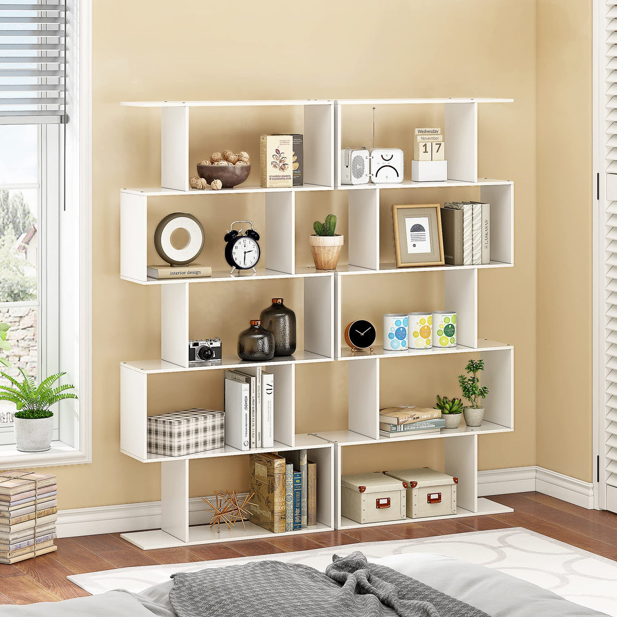 5-Tier Geometric Bookcase, Freestanding S Shaped Bookshelf, Modern Multifunctional Display Shelves