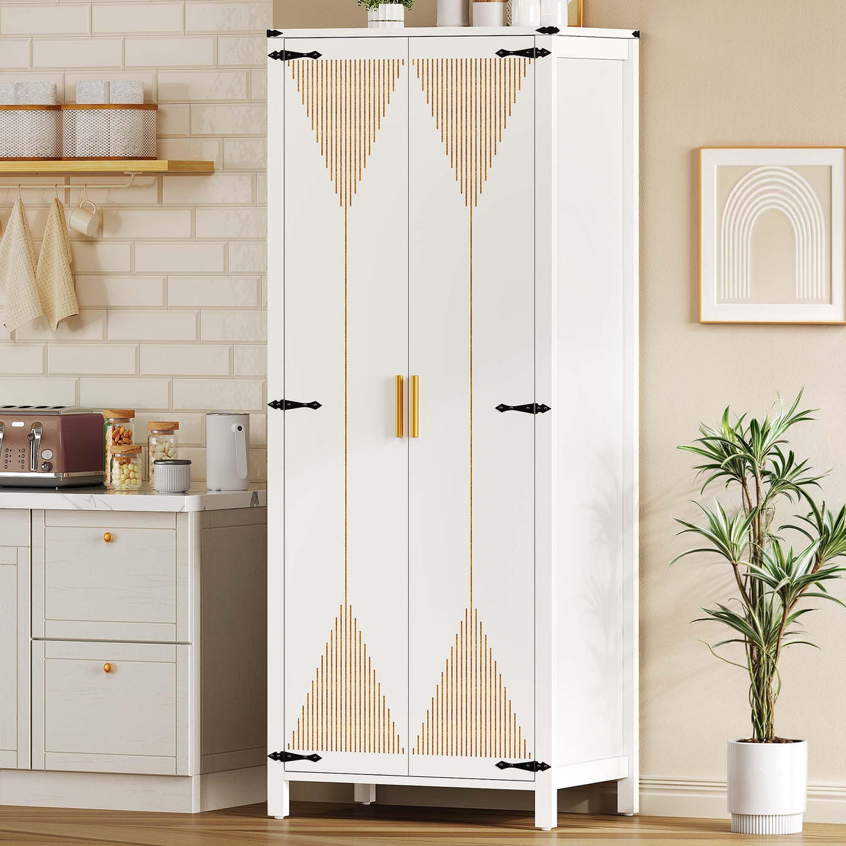 72" Tall Storage Cabinet, Modern Kitchen Pantry Cabinet with Carved Design for Doors