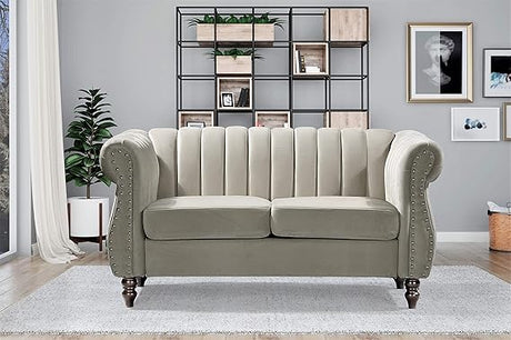 Container Furniture Direct Quinones Modern Chesterfield Channel Tufted Sofa with Nailhead Accents, 76.4", Grey