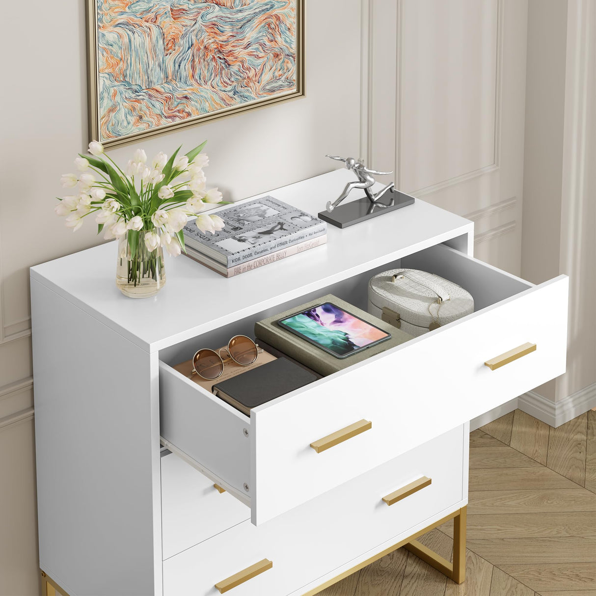 White Dresser with 3 Drawers, White Gold Dresser with Metal Handle and Frame